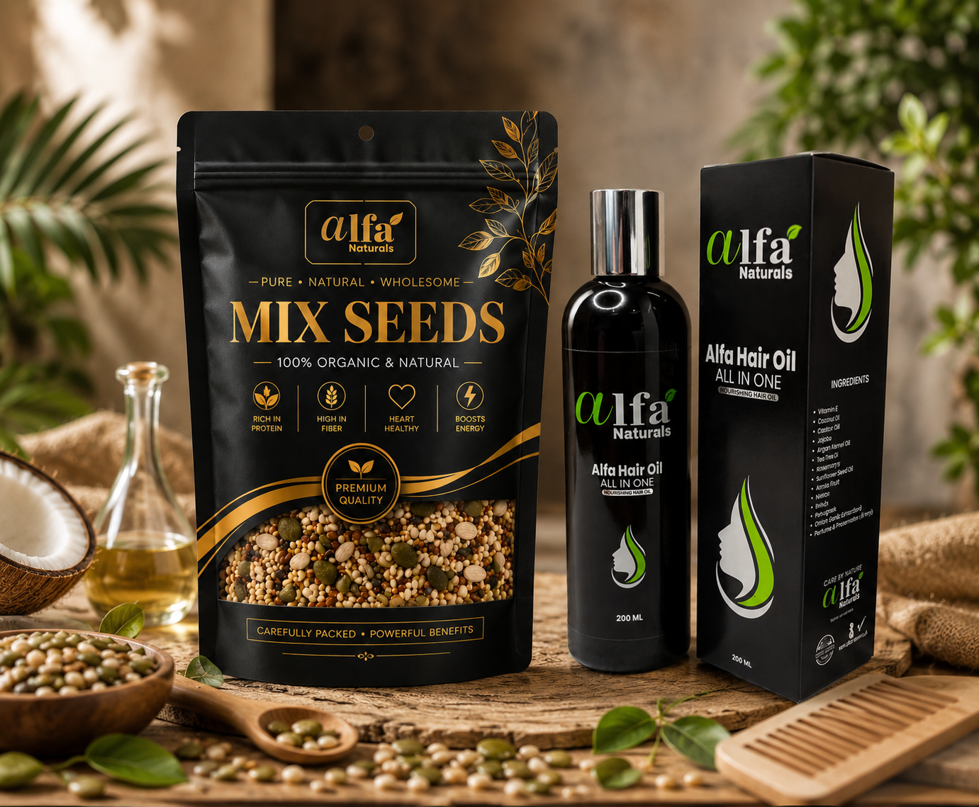 Organic Hair Oil + Mix Seeds Bundle – Alfa Naturals | Hair Growth & Energy Boost